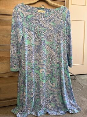 Cynthia Rowley Seafoam and Blue Paisley 3/4 Length Sleeve Swing Dress